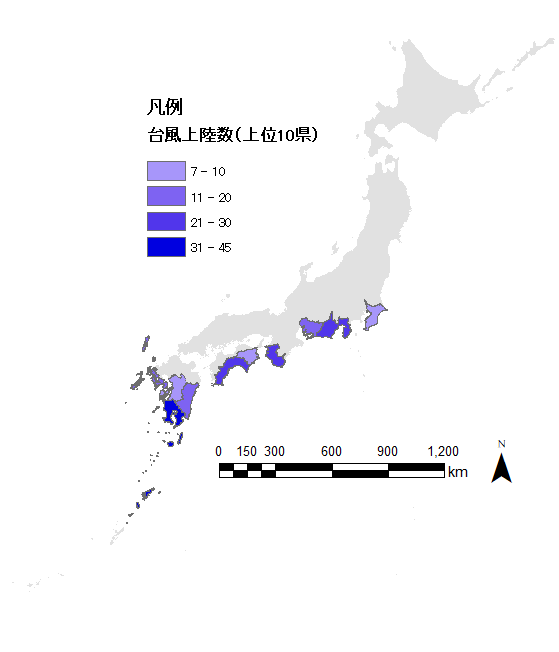 都道府県別台風上陸数